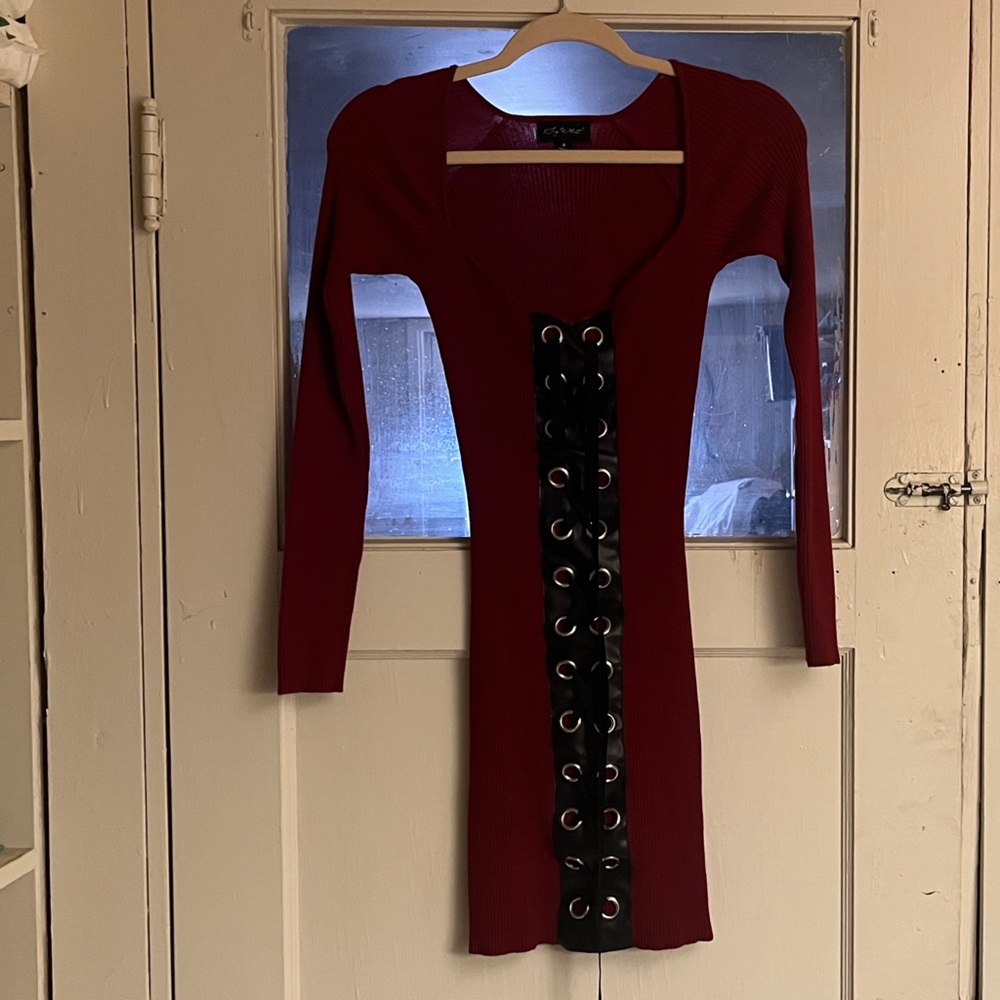 Say What? Burgundy Long Sleeve Dress with Black Grommet Detail